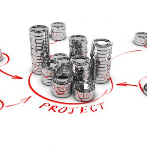 Stacks of generic coins over white background with red arrows pointing the highest pile. Conceptual 3D render for money investment or collaborative finance.