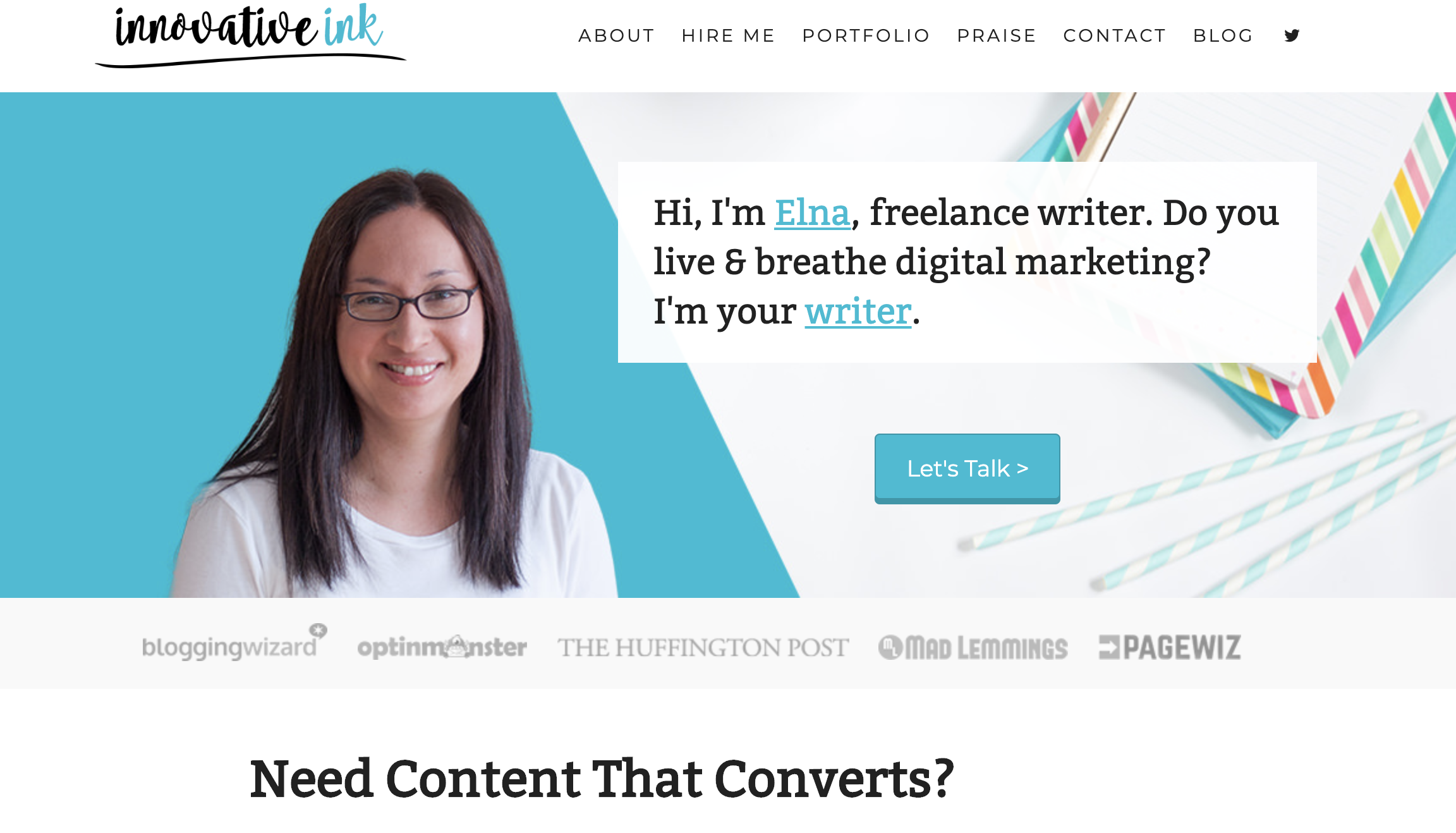  A headshot of a smiling woman with glasses on a blue background with text reading 'Innovative Ink. Hi, I'm Elna, freelance writer. Do you live and breathe digital marketing? I'm your writer. Let's talk.'