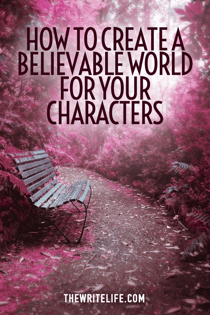 Bench in a purple park, text about creating a believable world