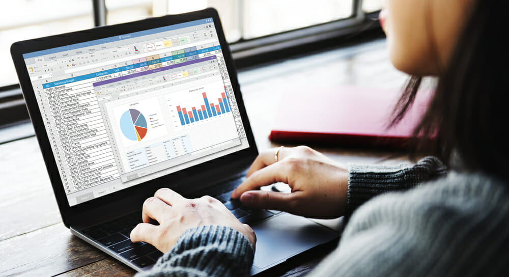 Woman looking at spreadsheet on her laptop