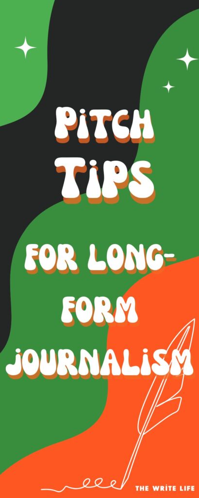 Pitch tips for long-term journalism. Vertical image with 70s style graphic swirls and font