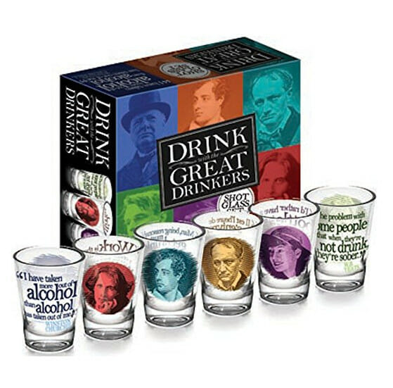 Great Drinkers is a set of six shot glasses featuring well-known writers