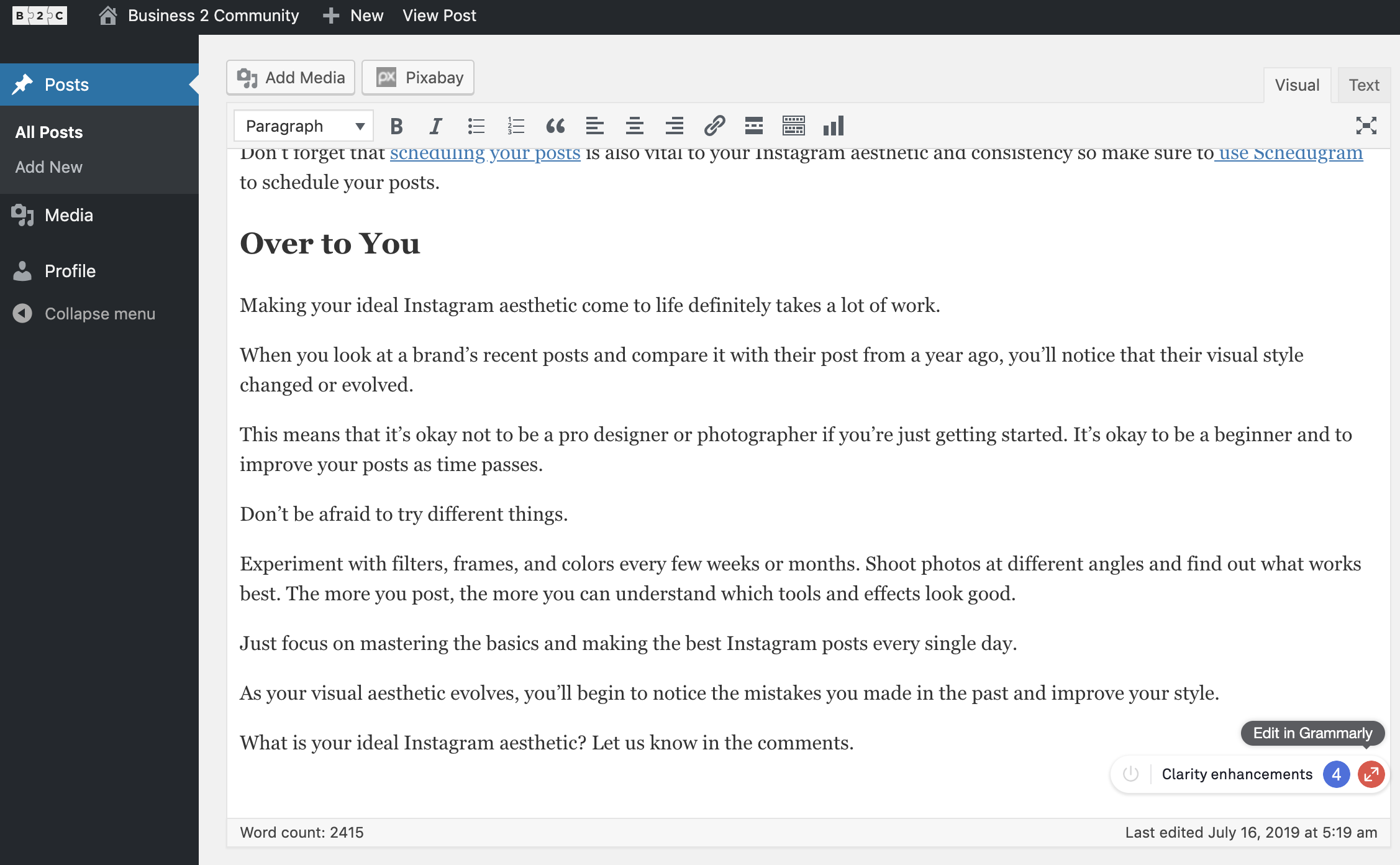 A screenshot of Grammarly within WordPress