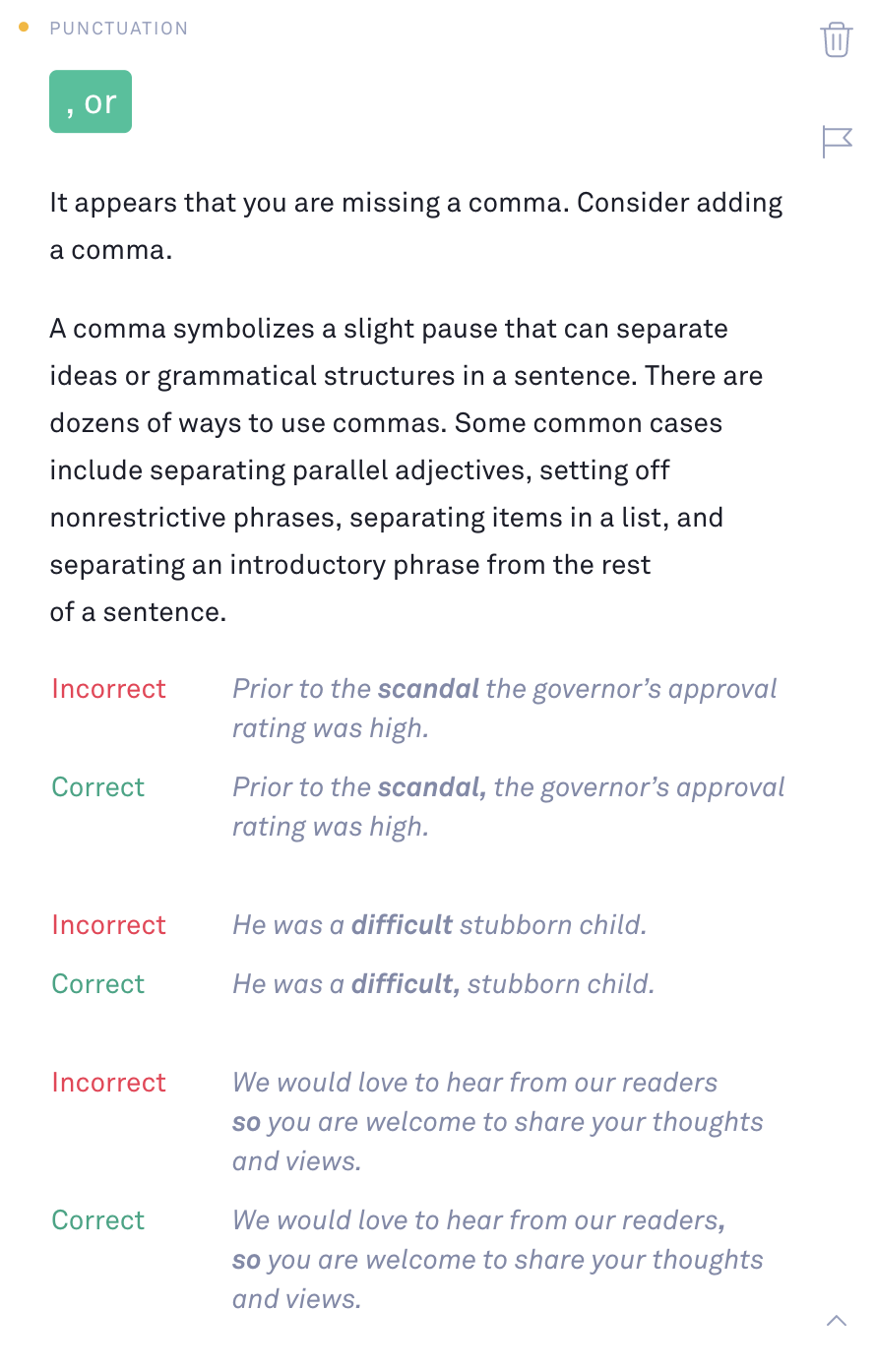 A screenshot of Grammarly’s suggestion includes examples and sample rewrites