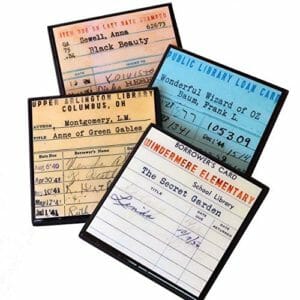 Fun, colorful coasters based on vintage library book check out cards