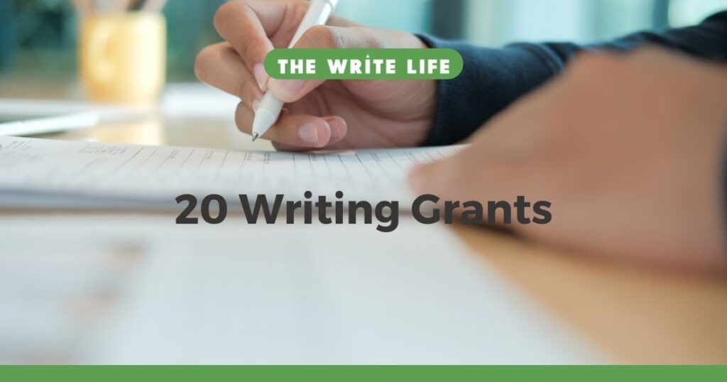 Close-up photograph of a person holding a pen in their right hand, poised over a stack of papers that look like an application form. This is to illustrate the 20 writing grants described in this blog post.