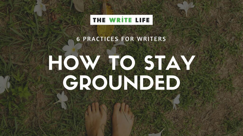 A stock image of a picture of the ground with patches of grass, some flowers strewn around, and a yellow leaf. A person's feet are also in the photo. This is to demonstrate the text overlay and the point of the article: how to stay grounded.
