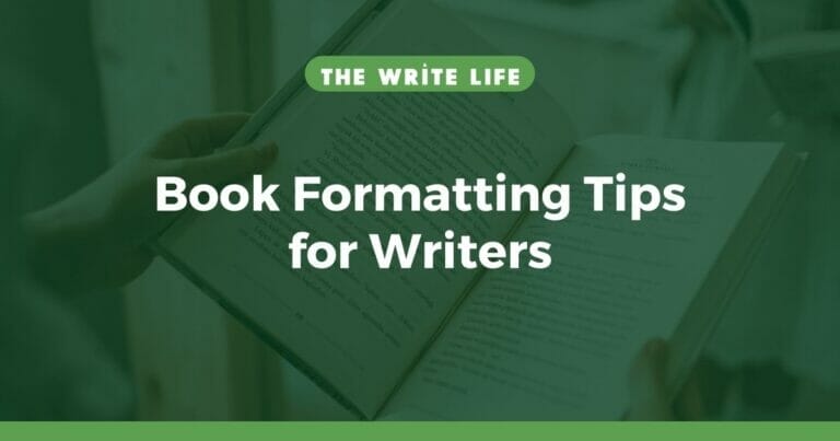 Overhead photograph of a person reading a book. The image is focused on the book formatting. The text overlay reads book formatting tips for writers