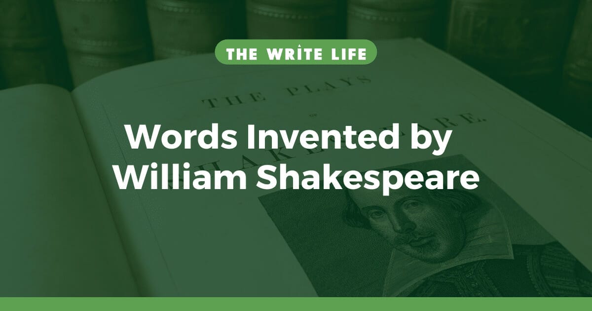 The text on the graphic introduces the topic that there are More than 1,700 Words Invented by Shakespeare. Behind the text is an image of the inside of a book of plays and a portrait of William Shakespeare.