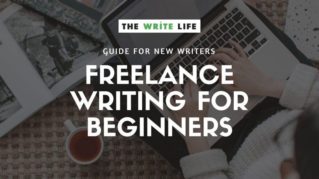 Stock image taken from an overhead perspective of a woman typing on her laptop. There's a cup of tea sitting beside her, to the left. This is to illustrate the text overlay that says freelance writing for beginners.