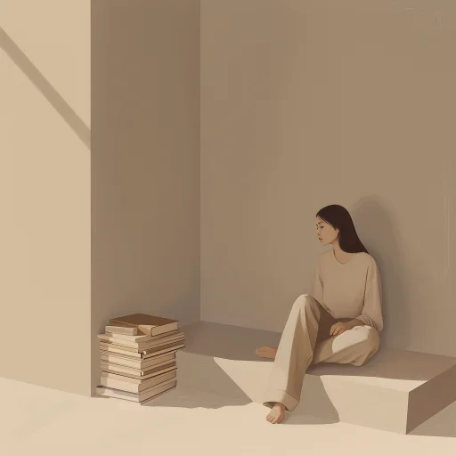 neutral tone words represented by a woman sitting in a neutral room with books