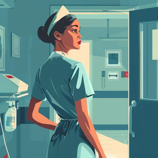 a kindhearted nurse standing in an illustrated hospital location