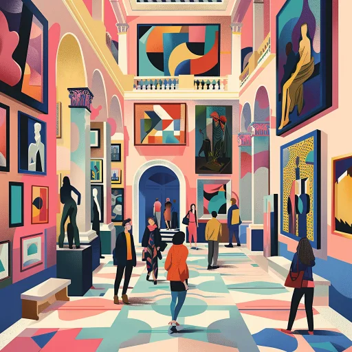 an illustrated art gallery with juxtaposed modern and classic art