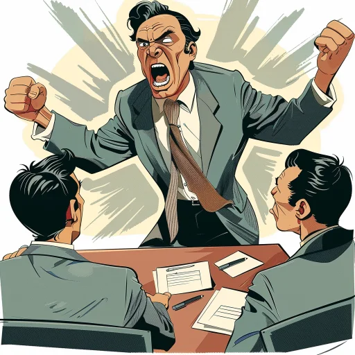 cartoon style illustration of an angry business exec shouting abrasive comments during a meeting