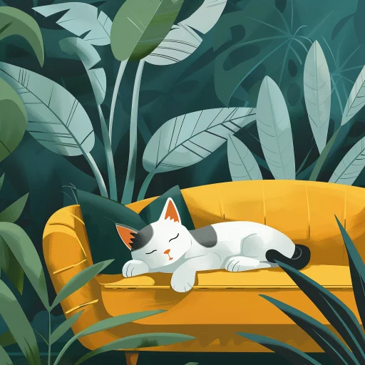 cute illustration of a lethargic cat resting on a sofa in a room with plants