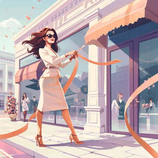 illustration of a female entrepreneur cutting the ribbon on a thriving business which is expanding