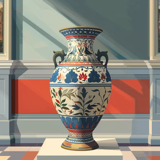 illustration of a large antique vase on display in a museum