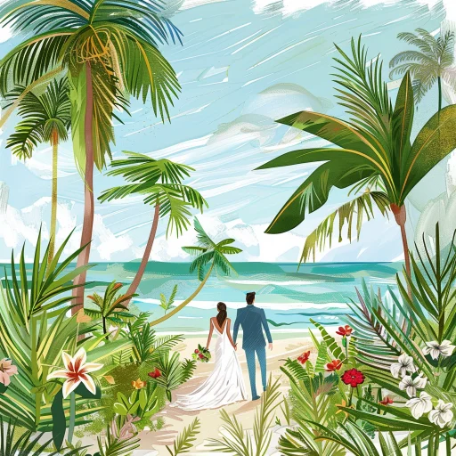 illustration from a relationship memoir example, showing a newly-married couple on a beautiful island beach, surrounded by palm trees