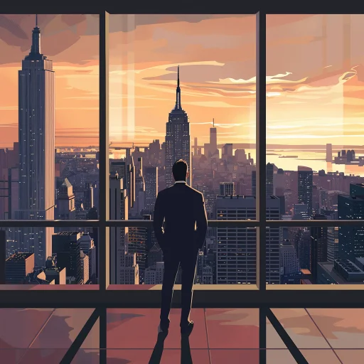 illustration from memoir examples of a carrer life story showing a businessman standing in a penthouse office looking out at the city