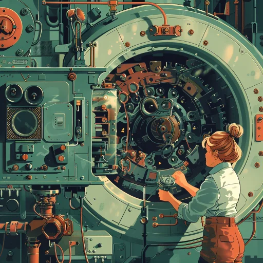 retro illustration of someone repairing a complex machine with the help of a technical manual