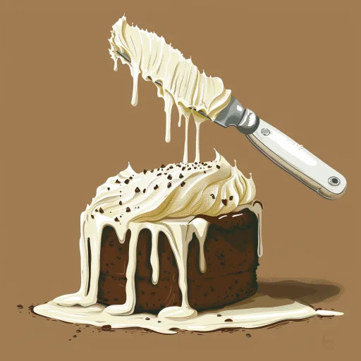 a white-handled frosting knife dripping with sticky white icing sugar hanging over a rich sweet food