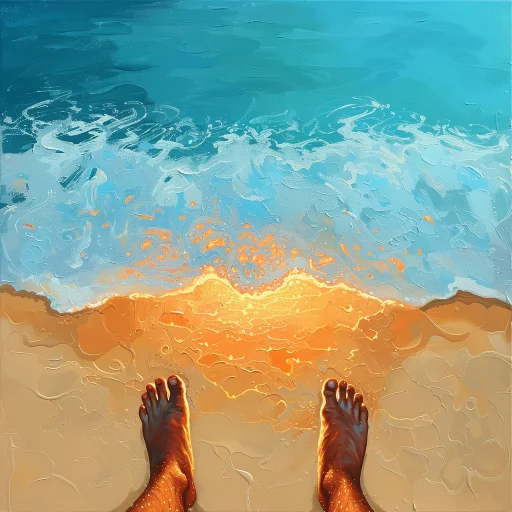illustration of feet standing on the tactile feel of burning hot sand, contrasted with the water's edge just in front of them