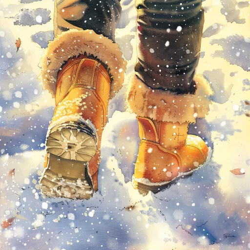 close up illustration of someone walking in crunchy snow while wearing walking boots