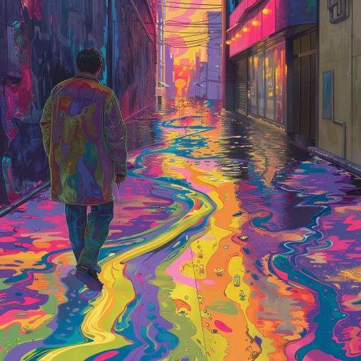 a colorful illustration of a man walking oil-slicked streets to give the reader a tactile experience